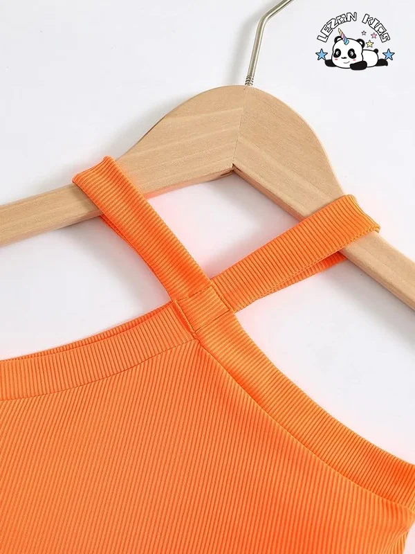 LEZONKIDS - Customizable Wholesale High Quality Orange Sleeveless T-shirt and Pattern Printing Skirt  2pcs Girls Clothing Sets